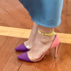 Colorblock Ankle Strap Heels Purple Pink Yellow Clear Panel Size 8